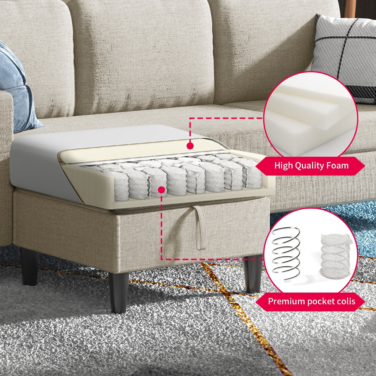 Beige Linen Sectional Sofa with Storage Ottoman K533