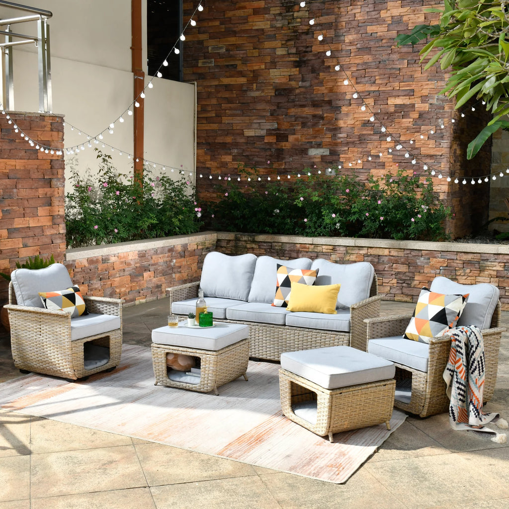 5 Pieces All Weather Wicker Patio Sectional Sofa Set with Storage Box N4636