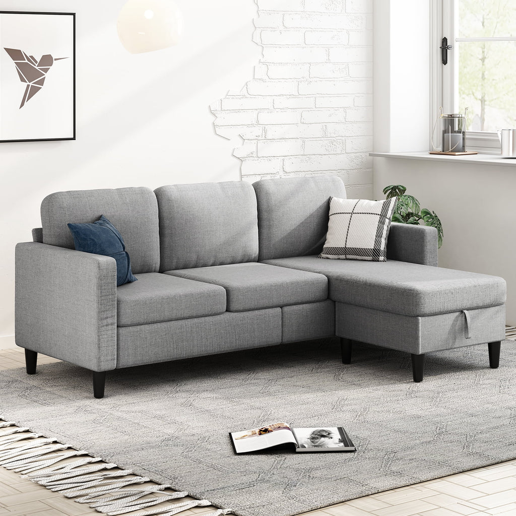 Beige Linen Sectional Sofa with Storage Ottoman K533