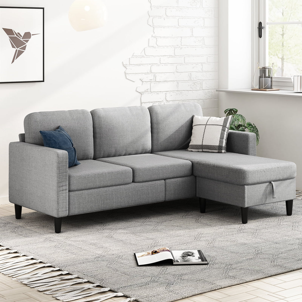 Beige Linen Sectional Sofa with Storage Ottoman K533
