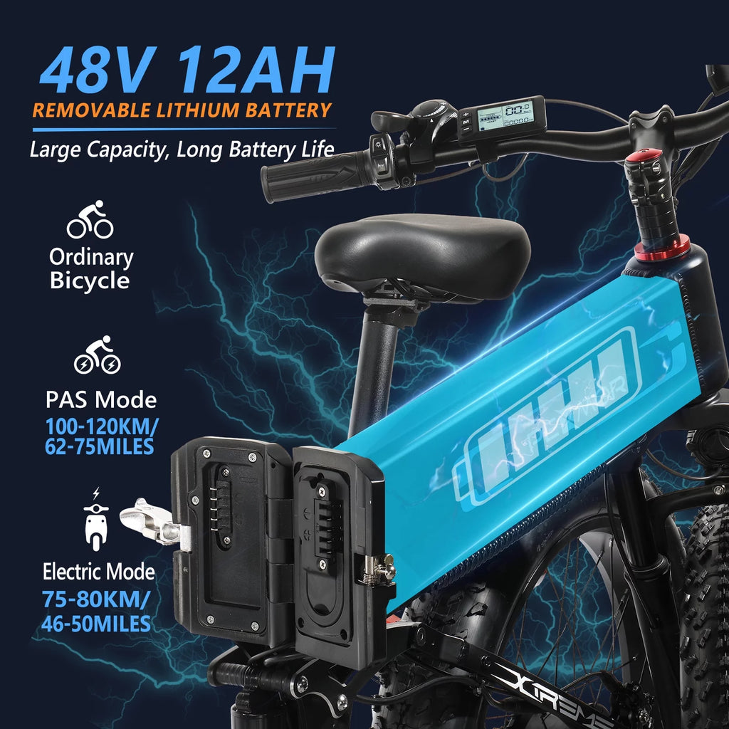 750W 48V 12AH Removable Battery 26" Fat Tire Folding Electric Bike D11534
