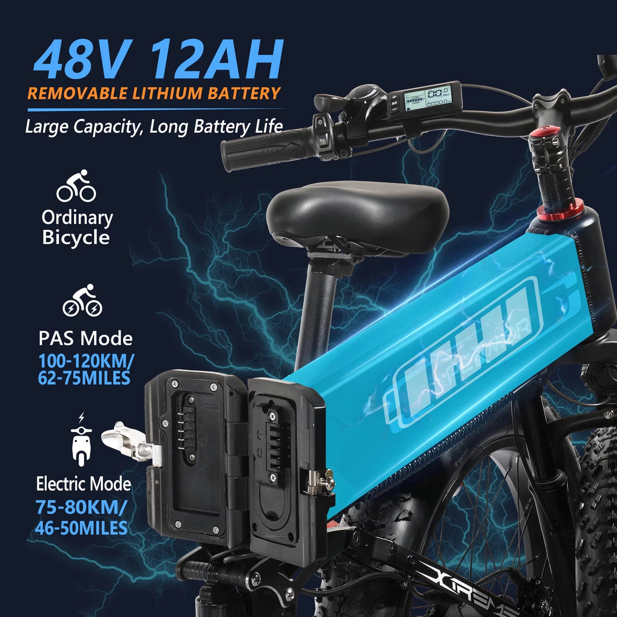 750W 48V 12AH Removable Battery 26" Fat Tire Folding Electric Bike D11534