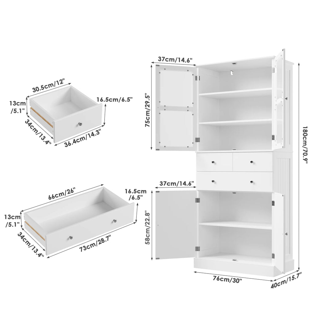 71" White Wood Bookcase with Glass Doors and 3 Drawers J230