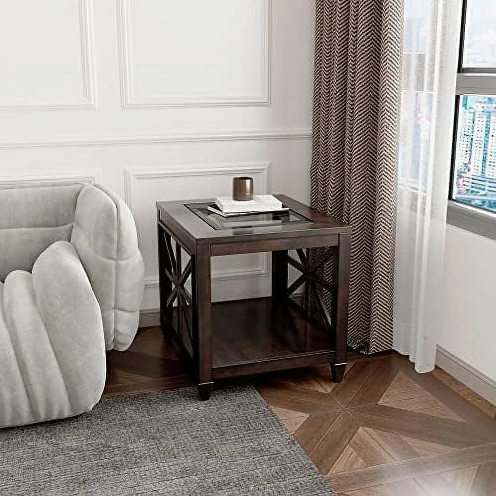 Rustic Brown End Table with Tempered Glass R3203