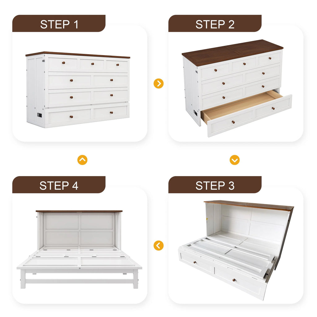 White+Walnut Solid Wood Queen Size Murphy Bed with Storage Drawer Y565177