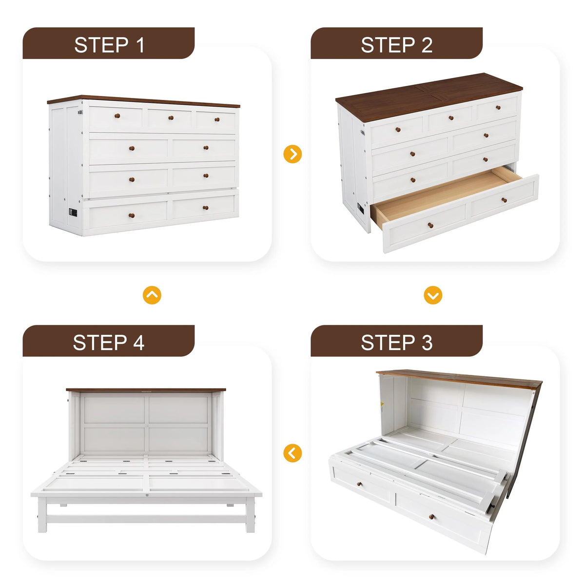 White+Walnut Solid Wood Queen Size Murphy Bed with Storage Drawer Y565177