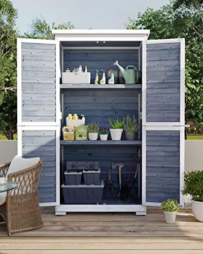 Outdoor Storage Cabinet with 3 Shelves, Double Lockable Wooden Garden Shed with Waterproof Roof P16053