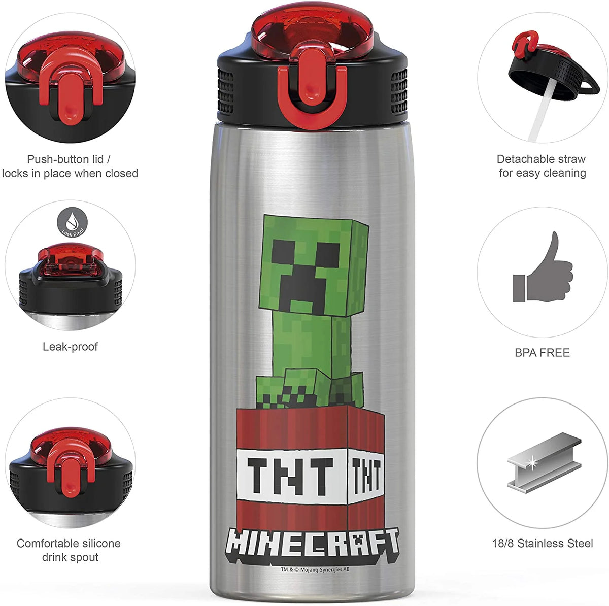 27oz Minecraft Stainless Steel Water Bottle with Flip-up Straw Spout and Locking Spout Cover C25551