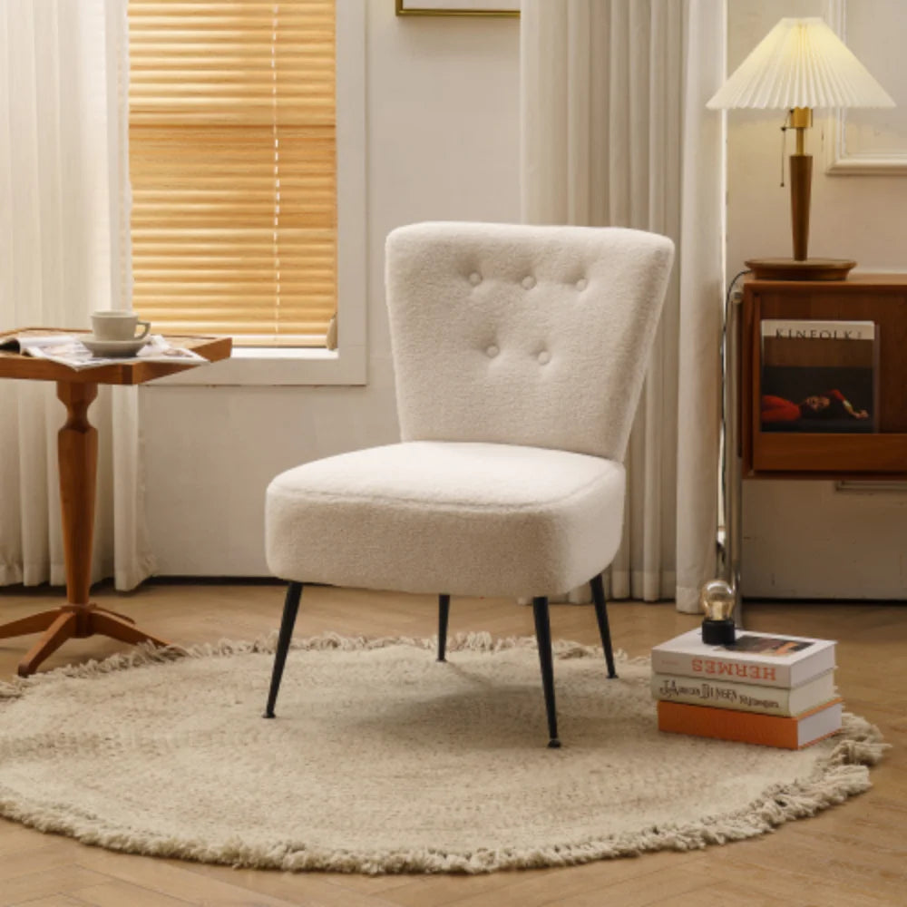 Ivory White Tufted Teddy Fabric Slipper Chair with Black Metal Legs X746907