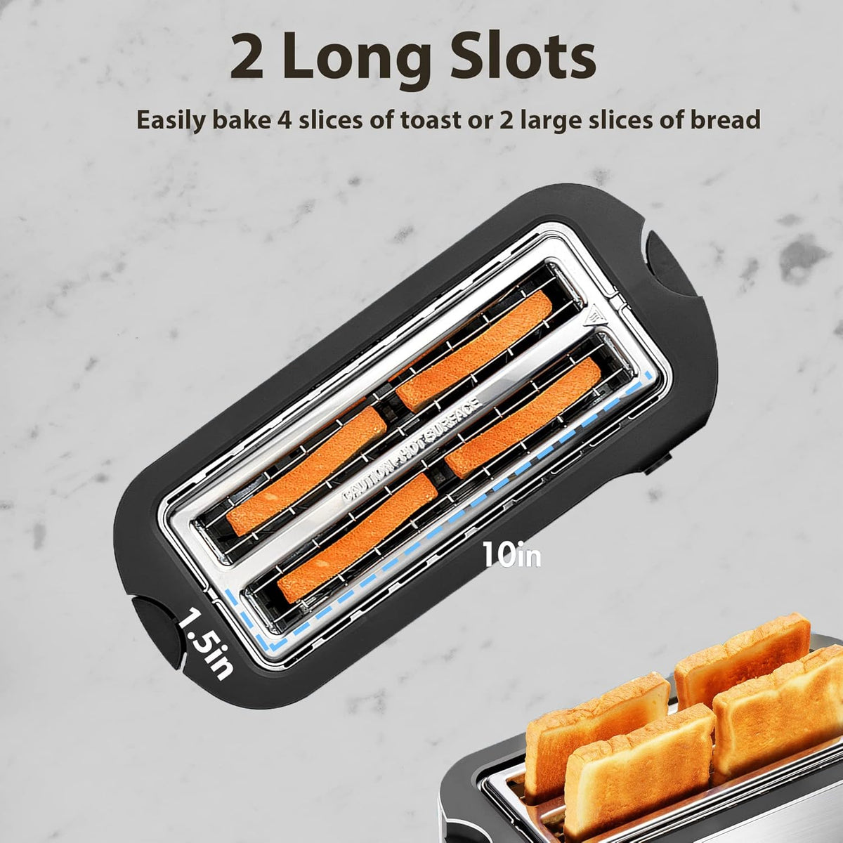 2 Slices Long Slot Stainless Steel Toaster with Warming Rack R421