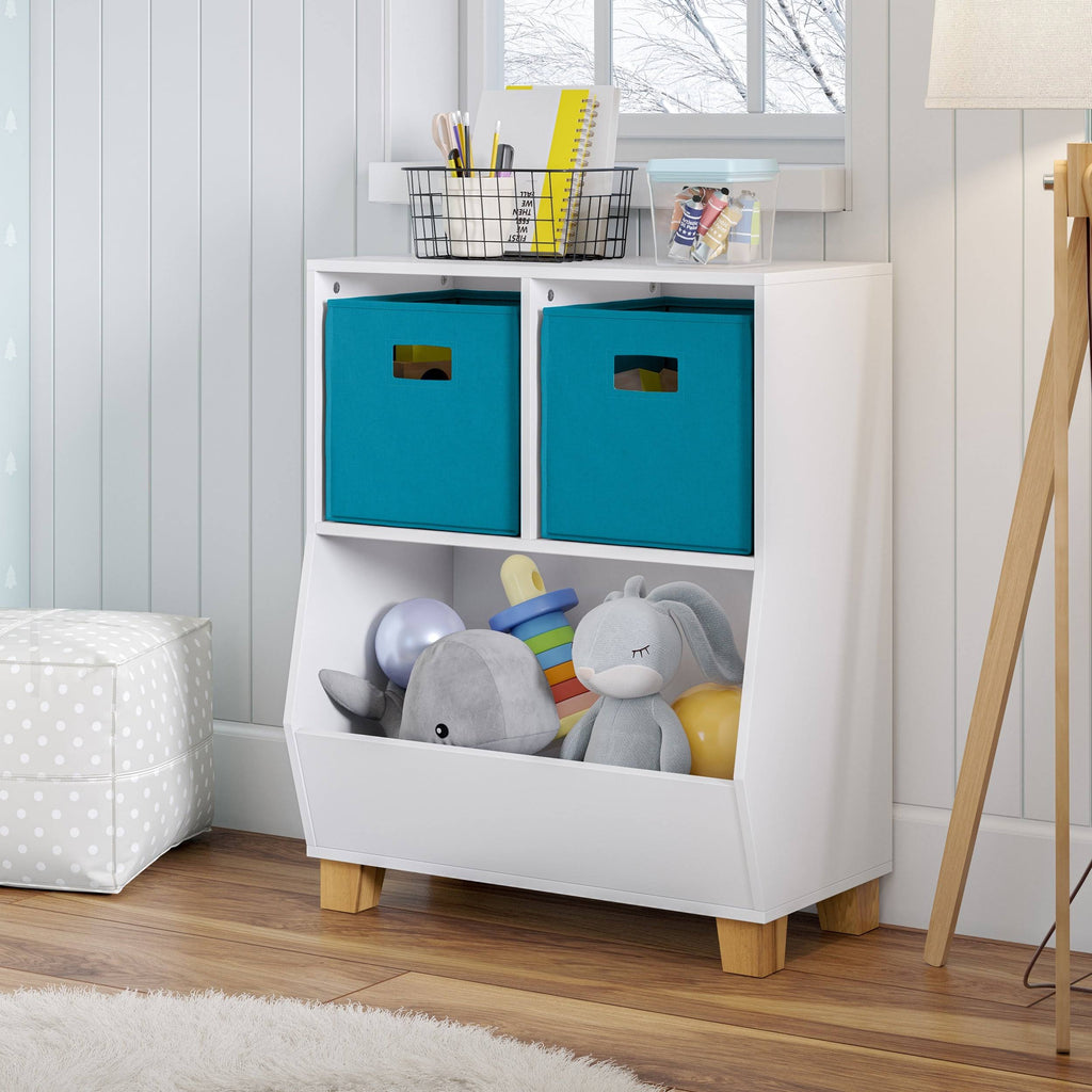 White Toy Organizer with 2 Gray Bins X932