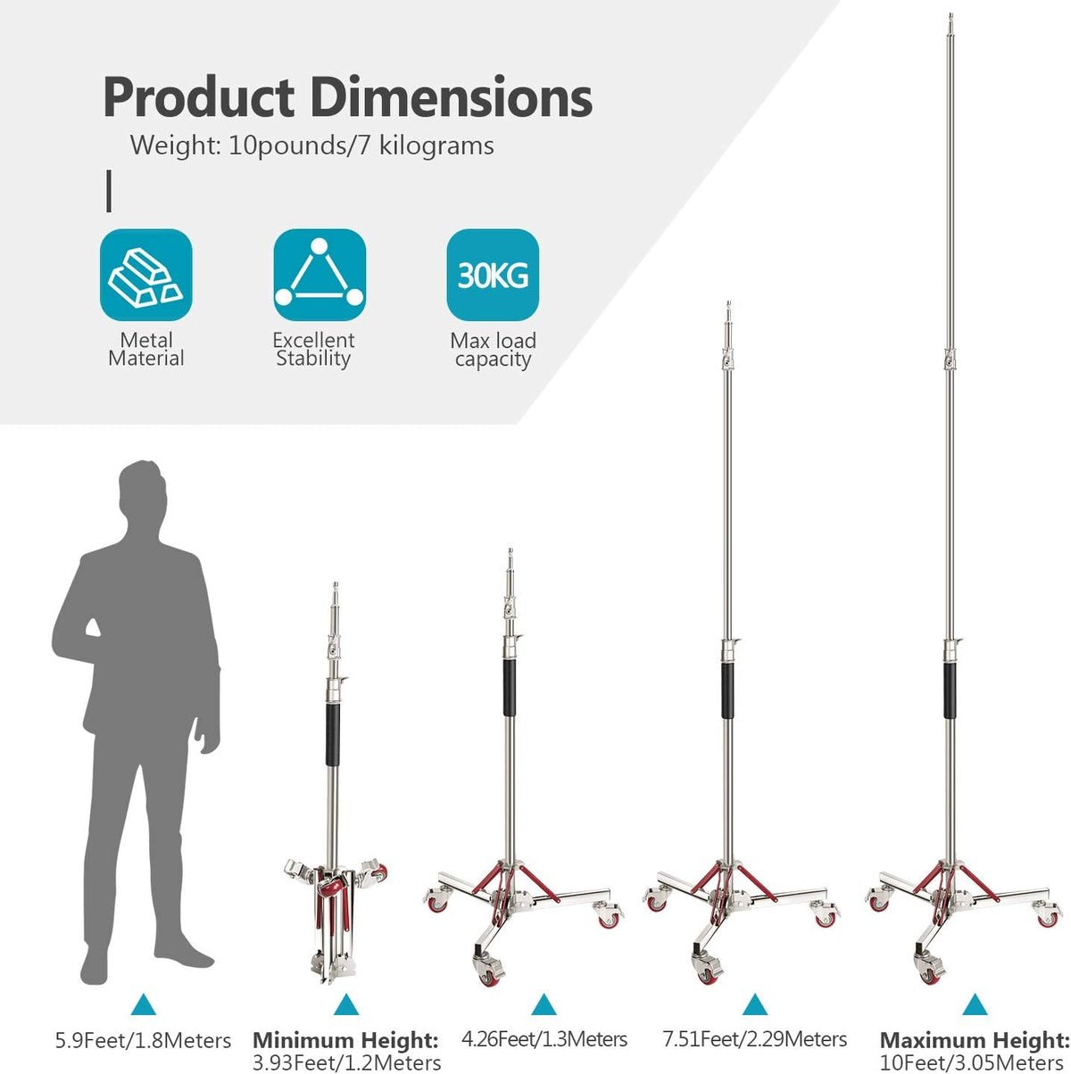 Heavy Duty Light Stand with Casters, Adjustable Tripod Stand, 100% Stainless Steel, Max Height: 10ft/305cm F310