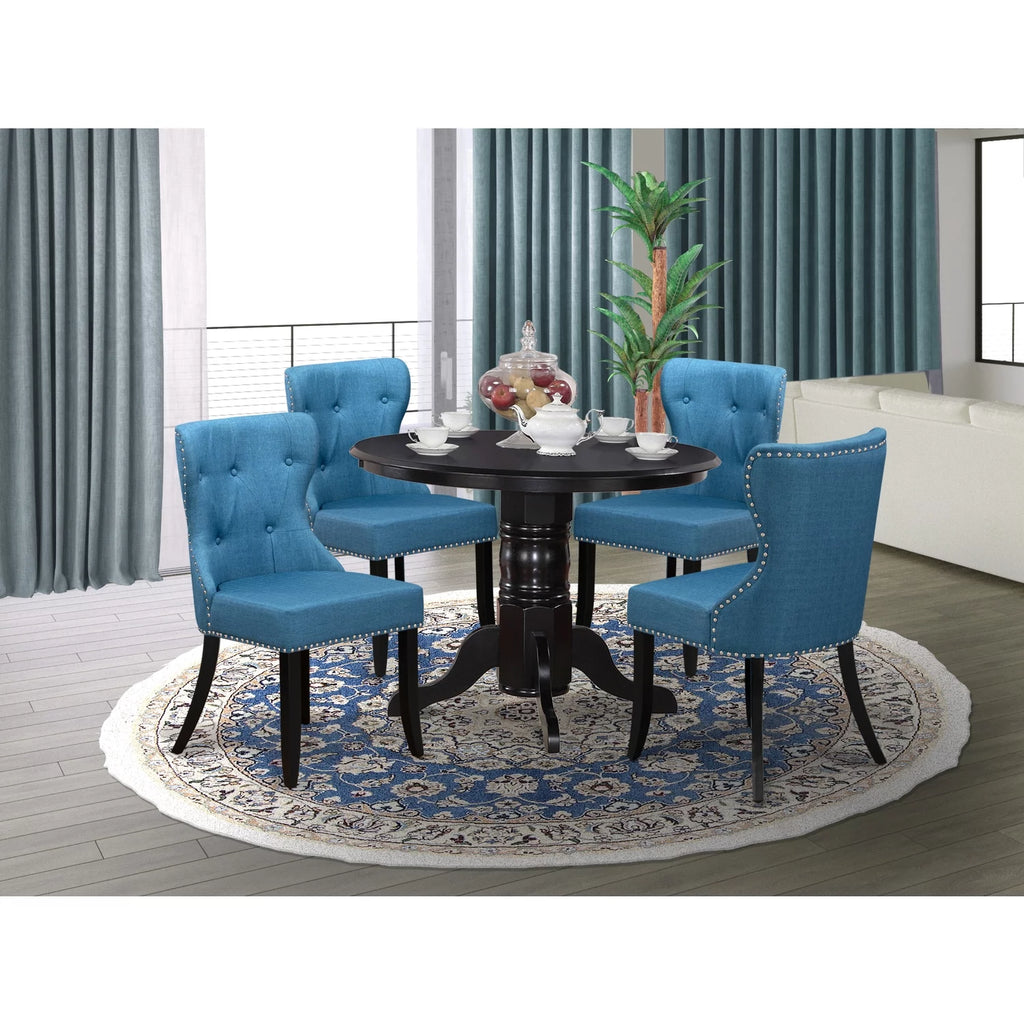 42-Inch Round Wooden Dining Table Set of 4 with Linen Fabric Mineral Blue Chairs G845