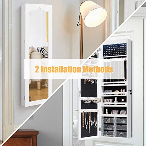 White Wall Mount Lockable Jewelry Cabinet Armoire with Full Length Mirror and 5 Lights G446
