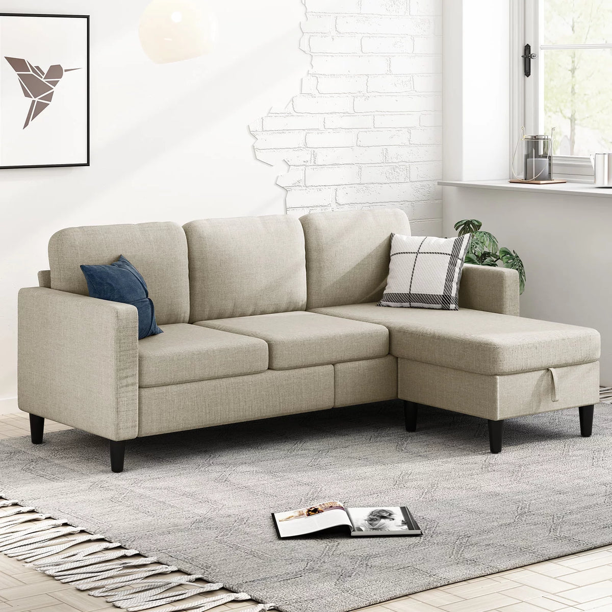 Beige Linen Sectional Sofa with Storage Ottoman K533