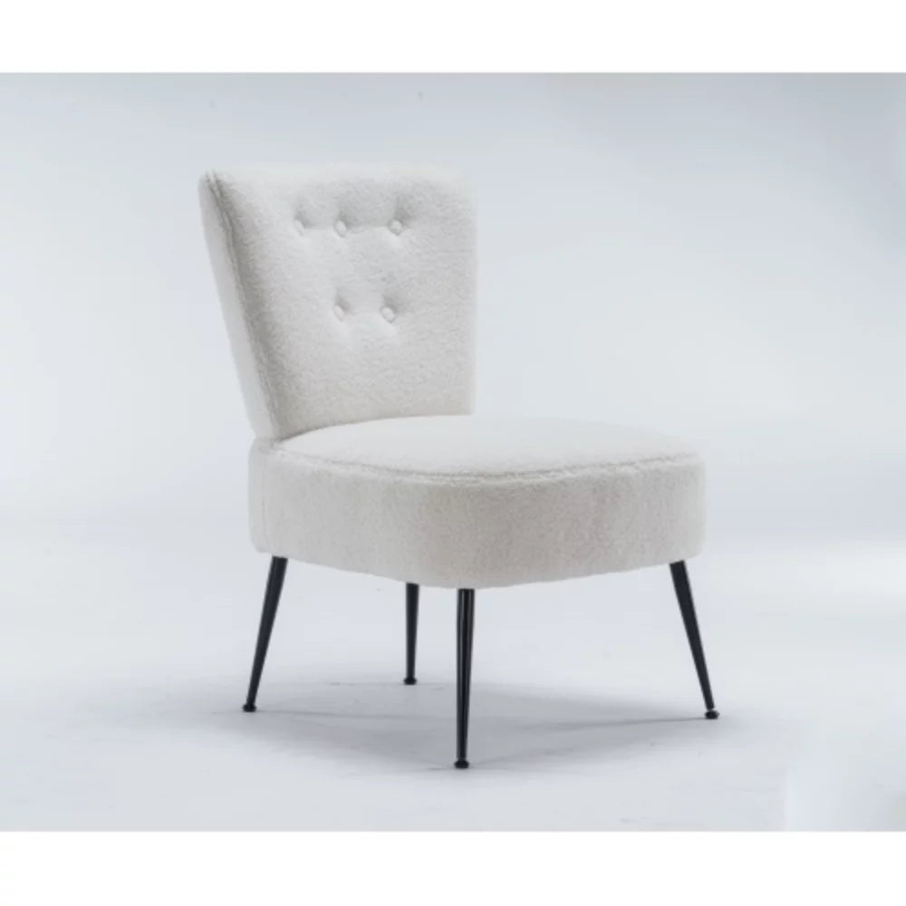 Ivory White Tufted Teddy Fabric Slipper Chair with Black Metal Legs X746907