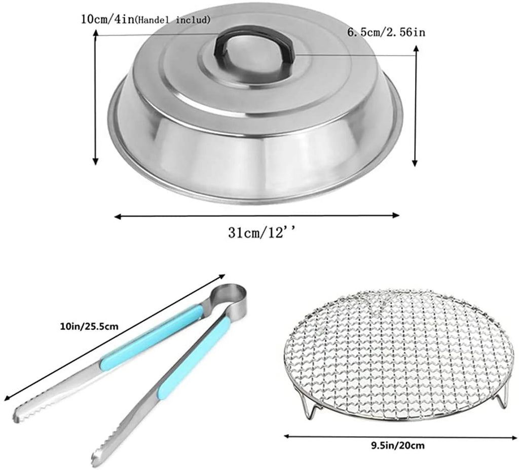 12 Inch Round Stainless Steel Basting Cover Dome and Cooling Wire Racks and BBQ Tong M185