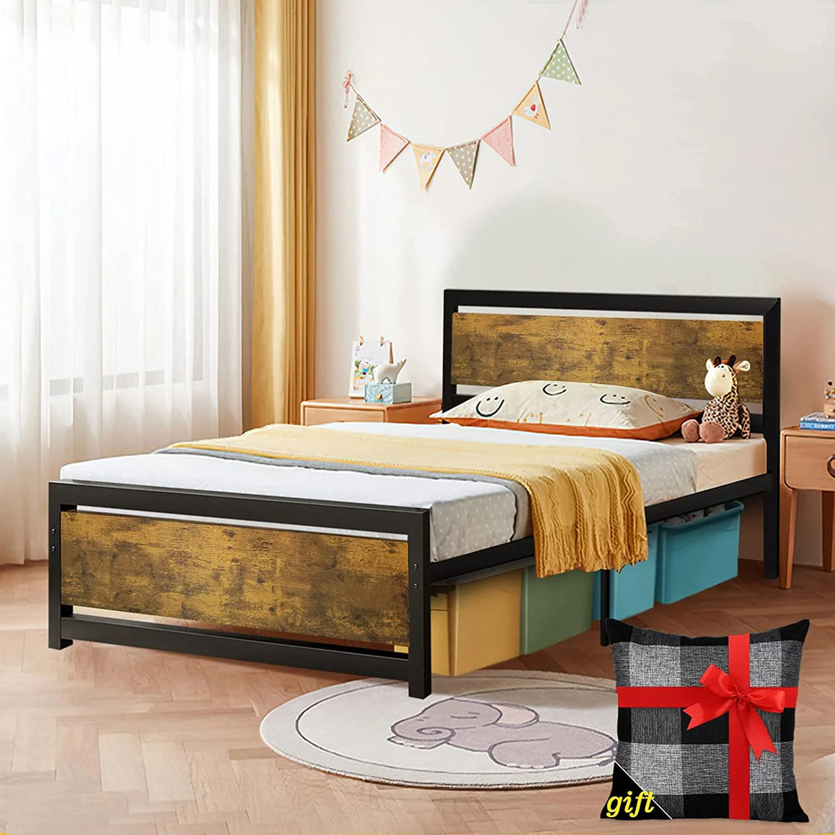 King Size Metal Bed Frame with Wood Headboard V40165