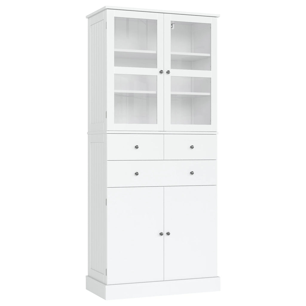71" White Wood Bookcase with Glass Doors and 3 Drawers J230