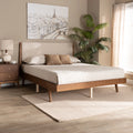 Beige Fabric Upholstered Walnut Brown Wood Queen Size Platform Bed A909