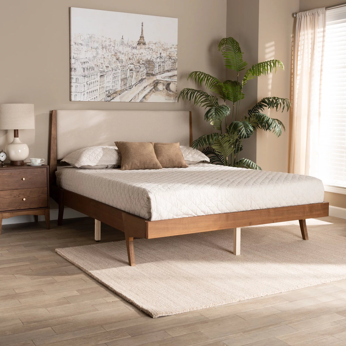 Beige Fabric Upholstered Walnut Brown Wood Queen Size Platform Bed A909