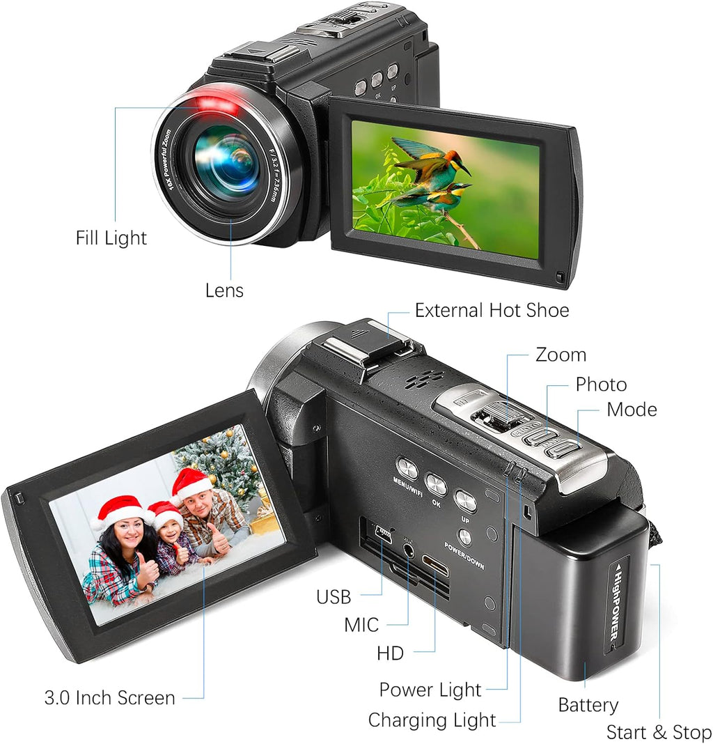 Camcorder 1080P Video Camera 36MP 3.0 Inch IPS Touch Screen IR Night Vision 16X Digital Zoom with External Microphone Handheld Stabilizer Remote Control V826580