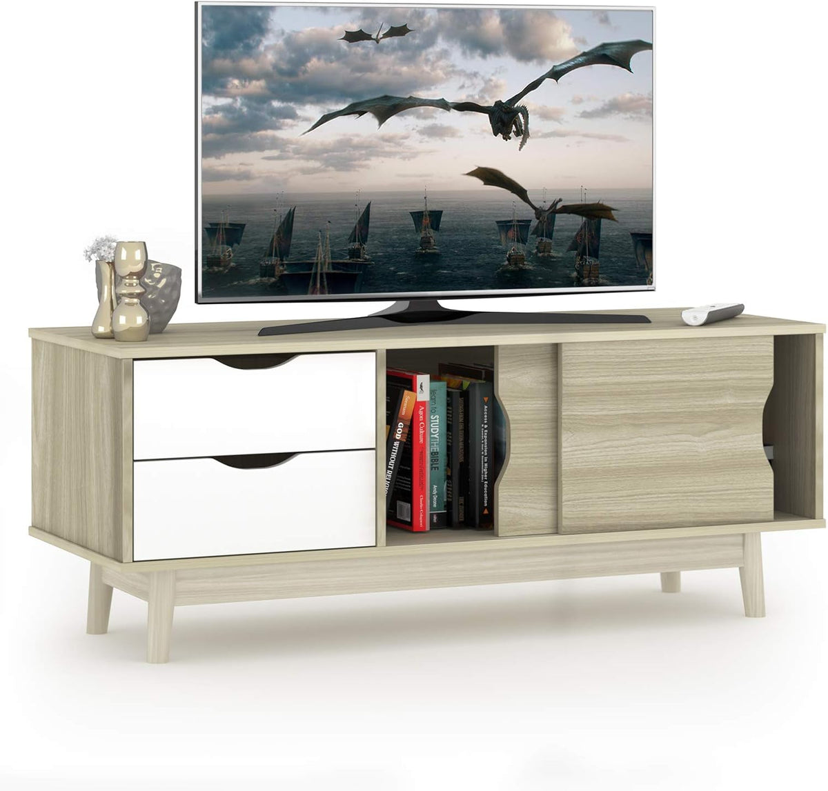 Oak Wood TV Stand with 2 Drawers and 2 Sliding Doors I418