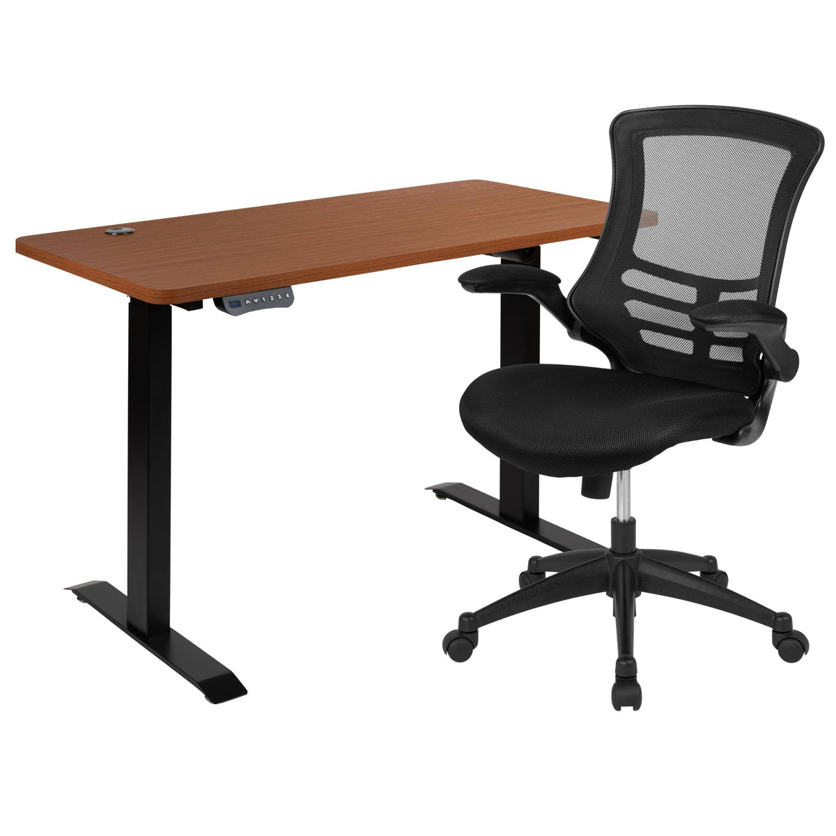Mahogany Electric Height Adjustable Stand Up Desk with Black Mesh Swivel Ergonomic Task Office Chair S109259