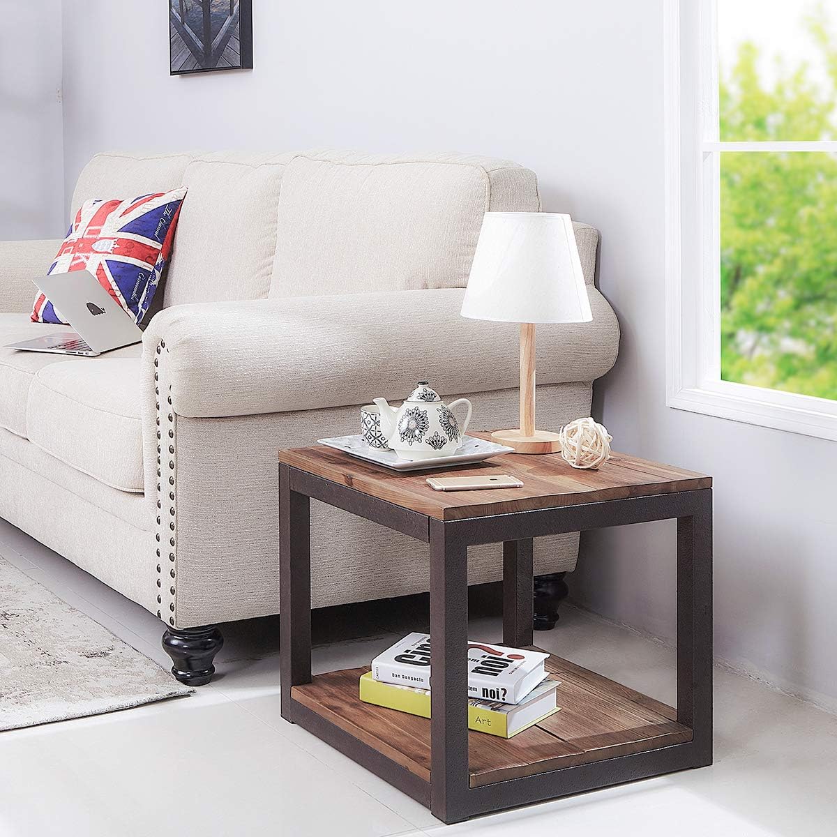 Vintage Industrial Side End Table with Storage Shelf, Reclaimed Wood, Rustic Brown Metal Frame X851