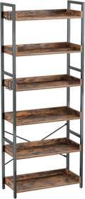 Rustic Brown 6 Tier Wood Bookshelf with 4 Hooks Metal Frame Z9009