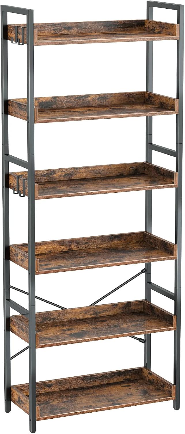 Rustic Brown 6 Tier Wood Bookshelf with 4 Hooks Metal Frame Z9009