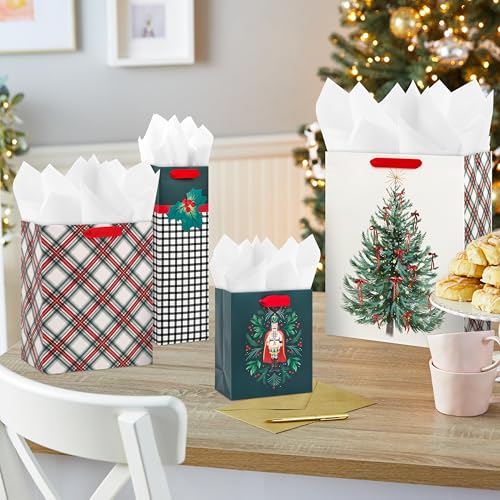 Assorted Christmas Gift Bags, Recyclable Kraft Brown with Snowflake, Plaid and Trees, 8 Bags: 3 Small 6", 3 Medium 9", 2 Large 13" G314194