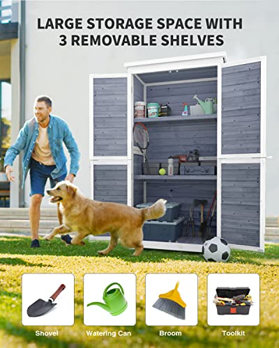 Outdoor Storage Cabinet with 3 Shelves, Double Lockable Wooden Garden Shed with Waterproof Roof P16053