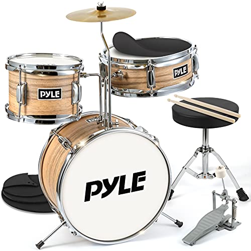 3-Piece Kids Junior Metallic Striped Yellow Drum Set with Throne, Cymbal, Pedal, Bass Drum, Tom and Drumsticks U952304