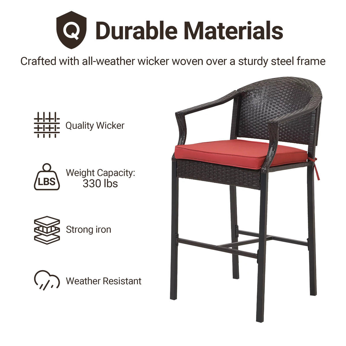 3 Pieces Red Wicker Patio Bar Stools Q825448