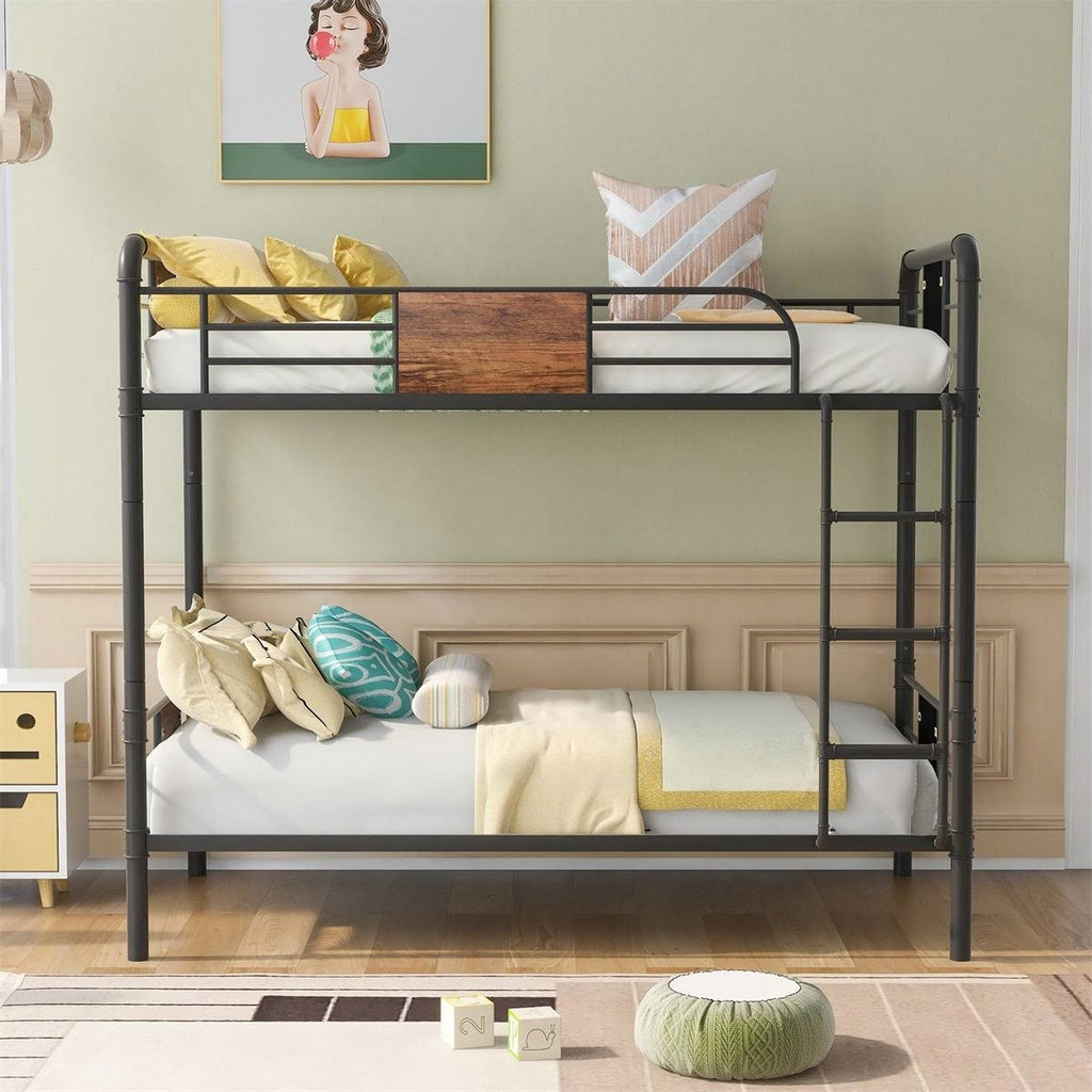 Black Metal and Wood Twin Over Twin Bunk Bed Q8597