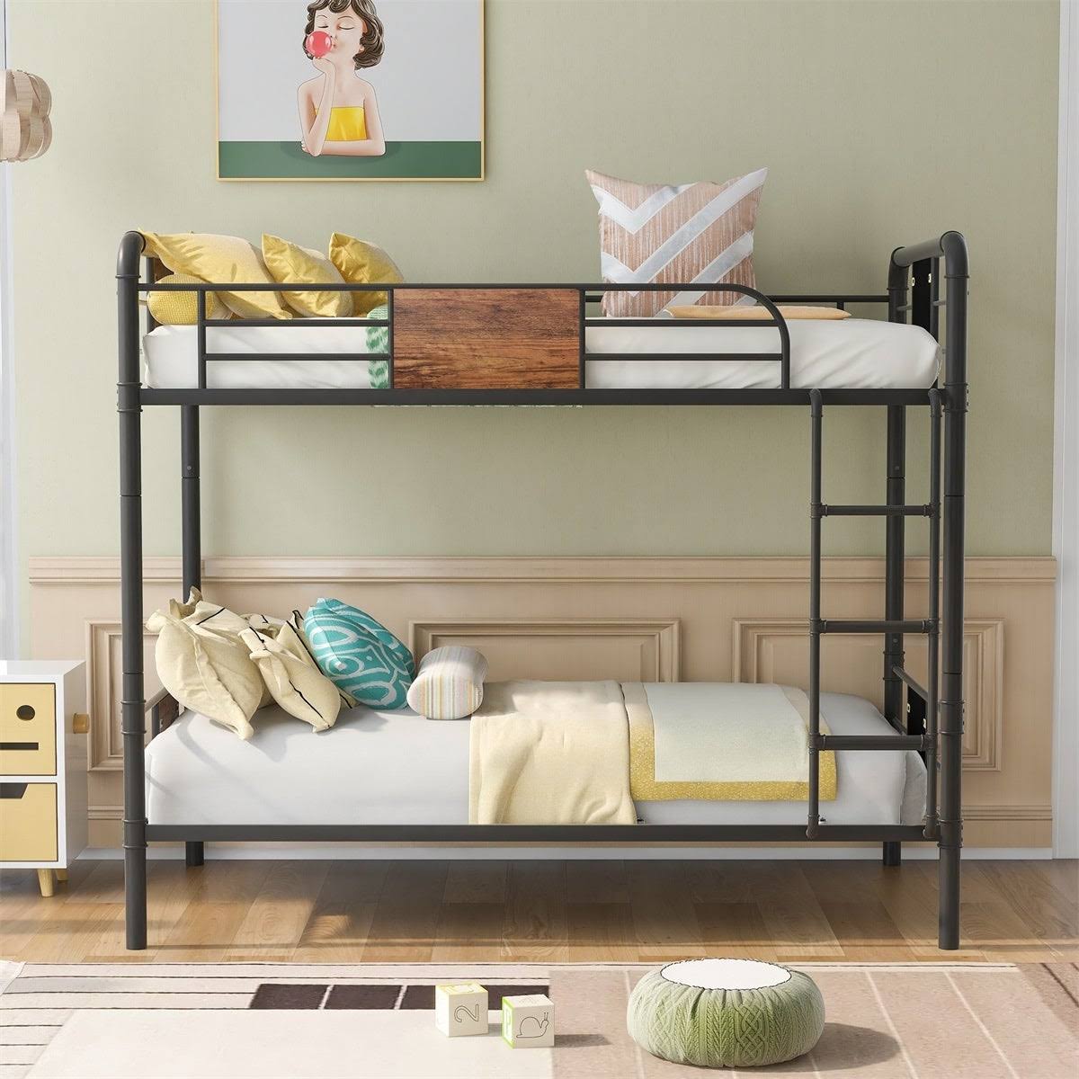 Black Metal and Wood Twin Over Twin Bunk Bed Q8597