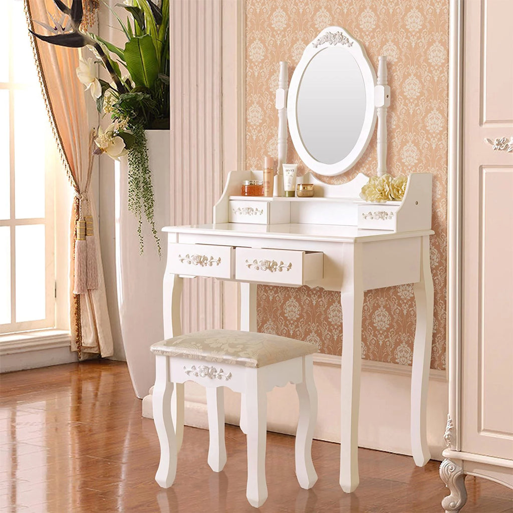White Dressing Table and Stool Set with 4 Drawers & Mirror N102