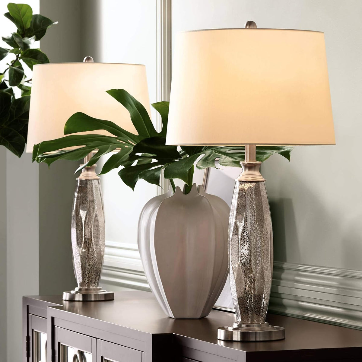 Set of 2 Mercury Glass Table Lamps with Drum Shade E51936