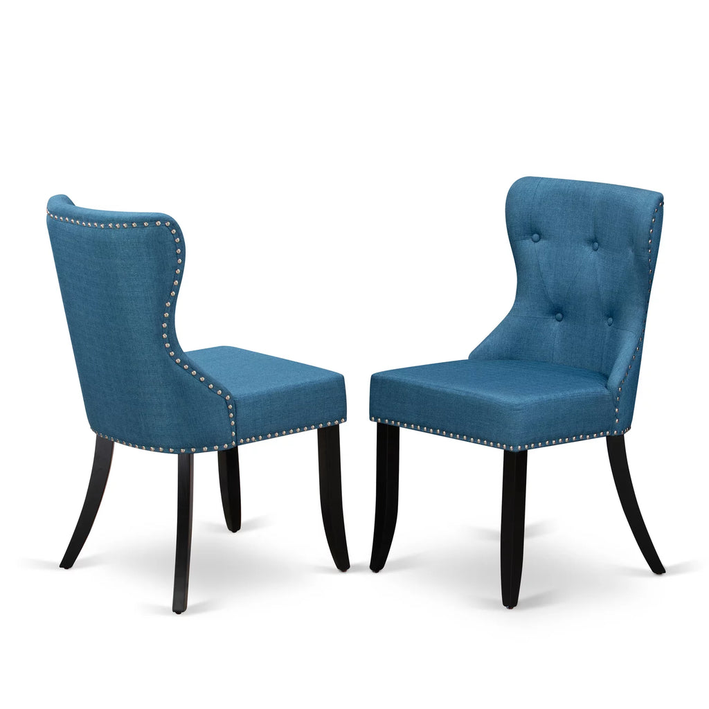 42-Inch Round Wooden Dining Table Set of 4 with Linen Fabric Mineral Blue Chairs G845