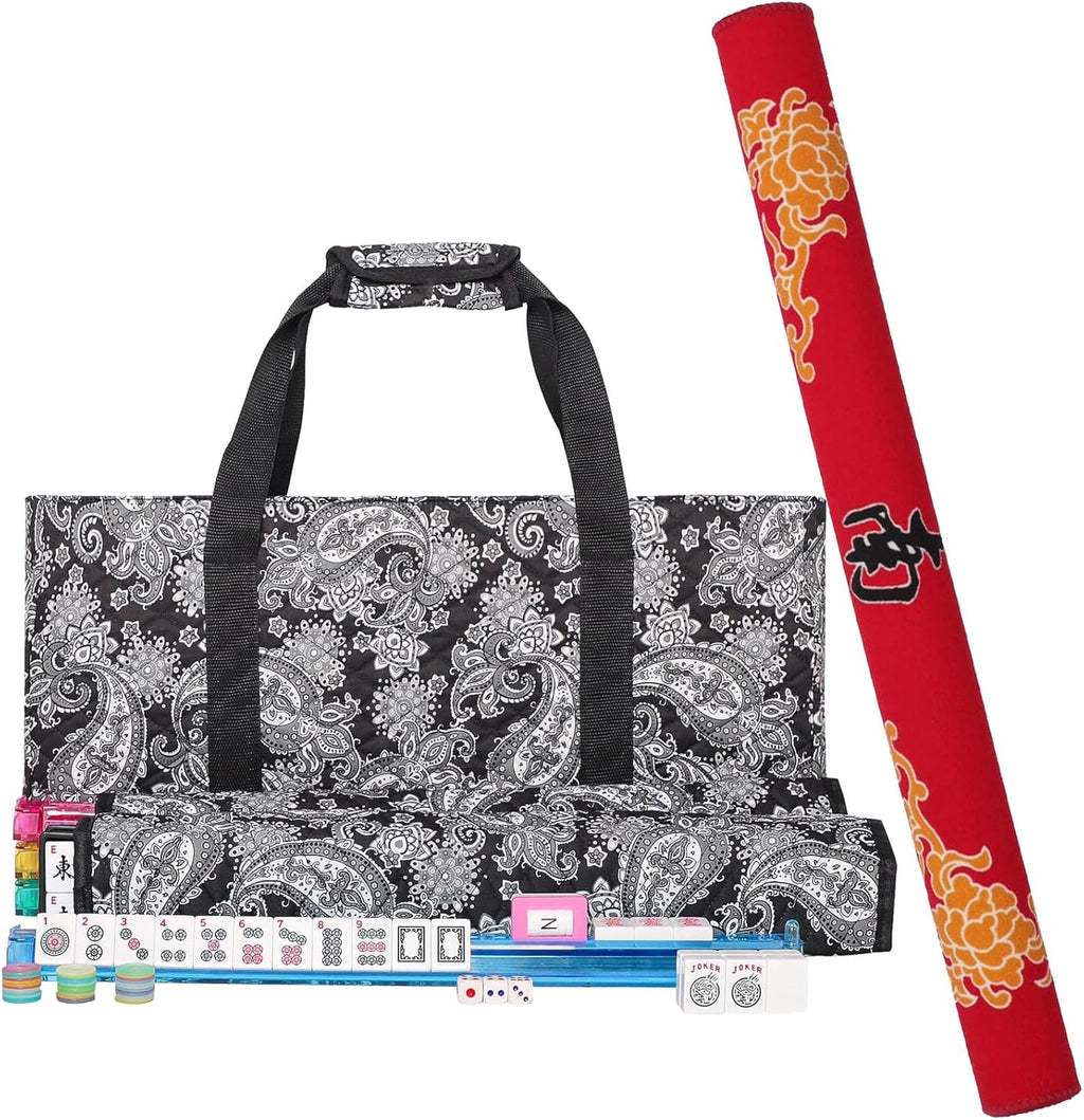 166 White Tiles Mahjong Game Set with 4 Color Rack Pushers, Black Carrying Bag, Mat with 3 Dice W66114