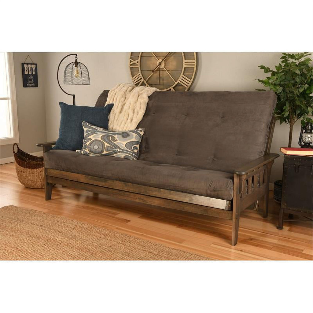 Queen Futon with Fabric Mattress in Gray and Rustic Walnut U88184