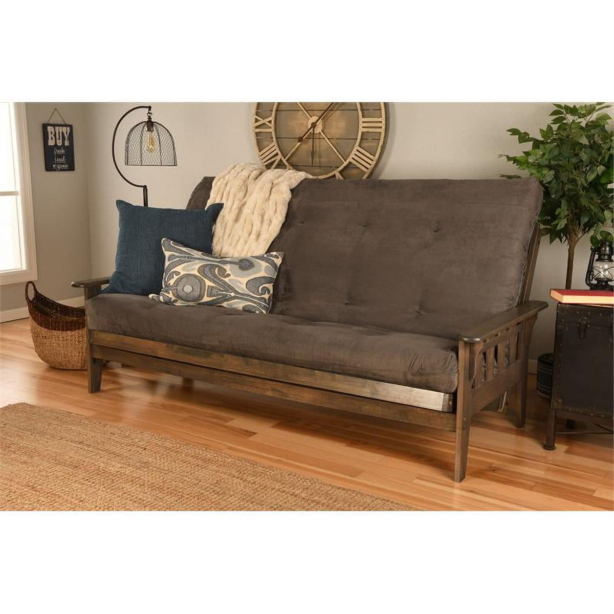 Queen Futon with Fabric Mattress in Gray and Rustic Walnut U88184