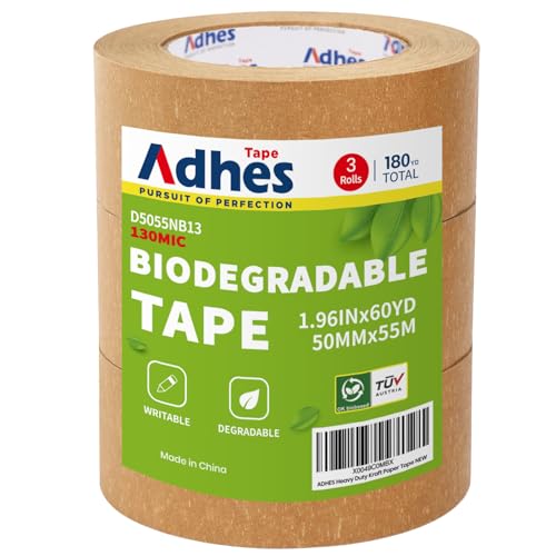 Kraft Paper Tape, 2 Inch x 60 Yards x 3 Rolls, Biodegradable Brown Packing Tape W9655