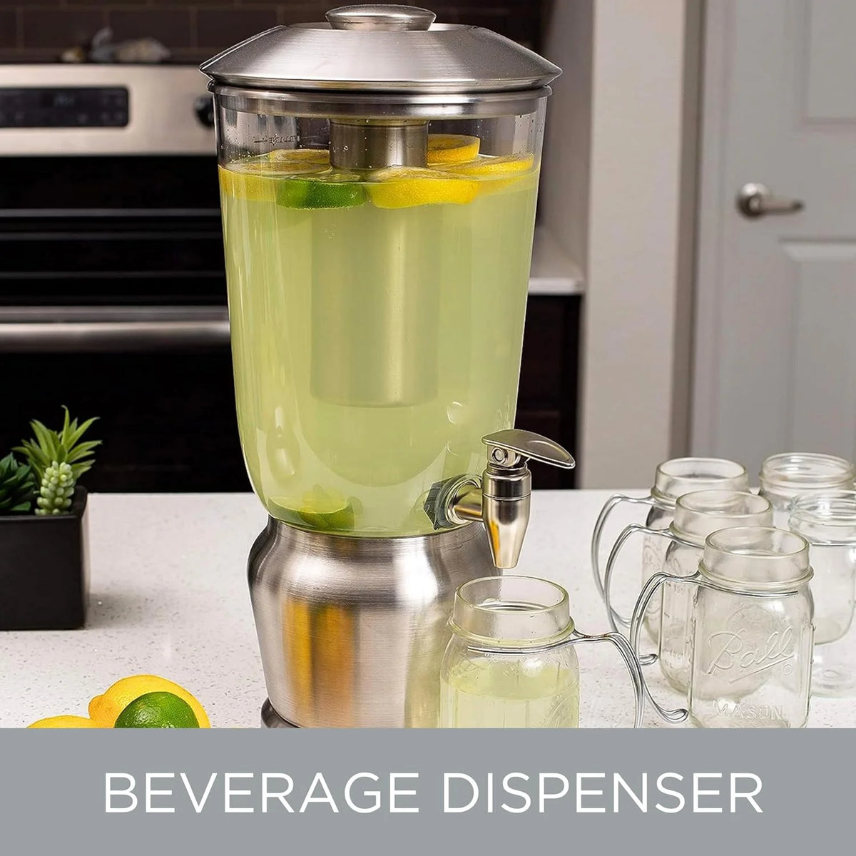 Stainless Steel Beverage Dispenser With Ice Container, Stand & Spigot U348368