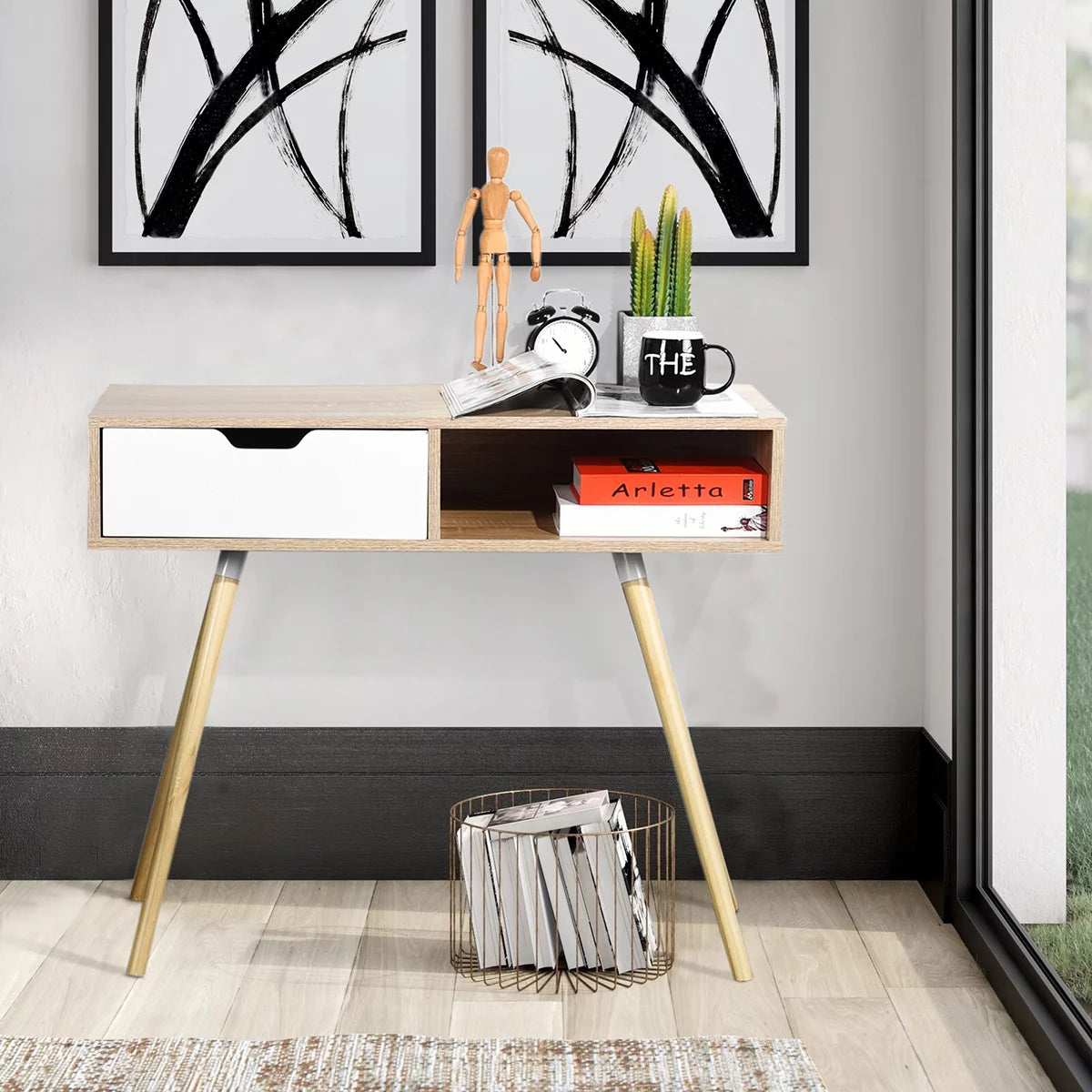35.4" Oak Computer Desk With Drawer F456239