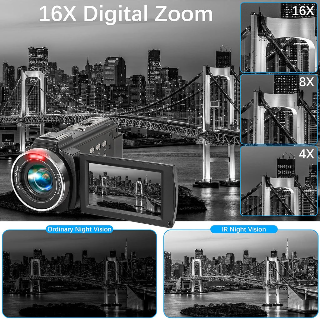 Camcorder 1080P Video Camera 36MP 3.0 Inch IPS Touch Screen IR Night Vision 16X Digital Zoom with External Microphone Handheld Stabilizer Remote Control V826580