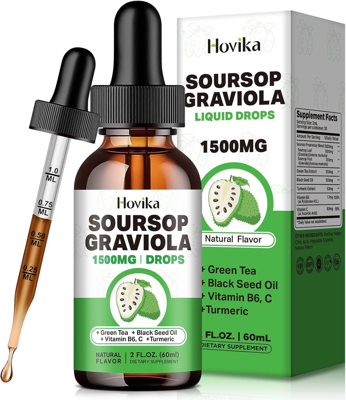 Soursop Graviola Liquid Drops 1500mg with Green Tea, Black Seed Oil, Turmeric, Natural-B Flavor 2 Fl Oz B34752