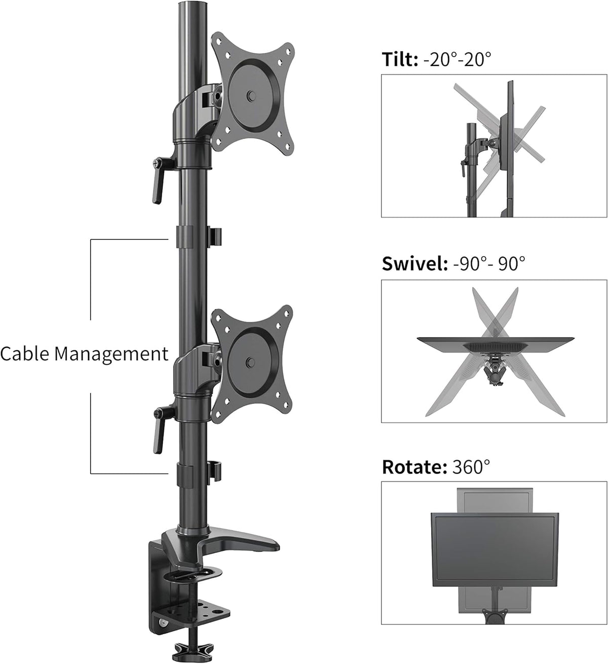 Vertical Dual Monitor Mount, Height Adjustable Heavy Duty C-Clamp and Grommet Mounting Base, VESA 75*75mm/100*100mm O65497