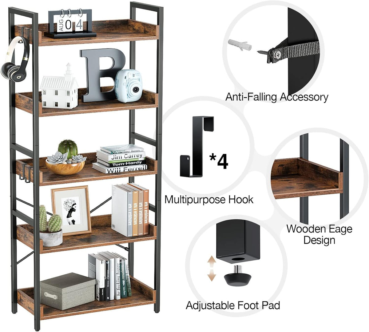 Rustic Brown 6 Tier Wood Bookshelf with 4 Hooks Metal Frame Z9009